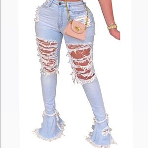 Bell bottoms elastic waist ripped flared jeans